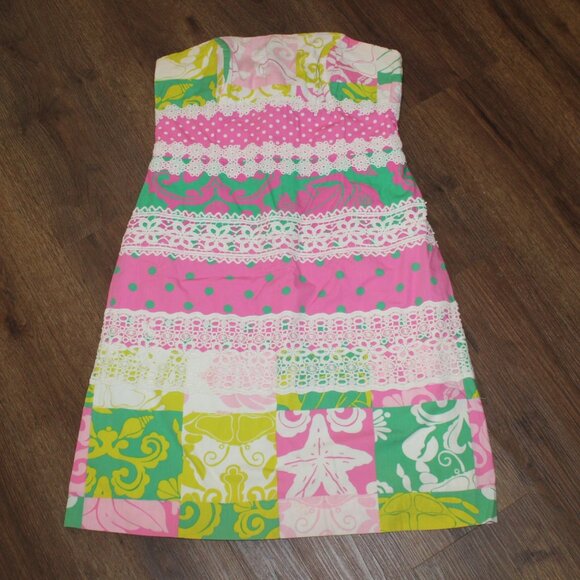 Womens Lilly Pulitzer Vintage Pink Green Patchwork Lace Strapless Dress Preppy 8 - Picture 1 of 4